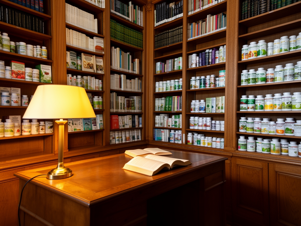 Velká světlá knihovna s vysokými dřevěnými policemi plnými knih o přírodních vědách a výživě, teplé světlo lampy na čtenářském stole, akademická atmosféra