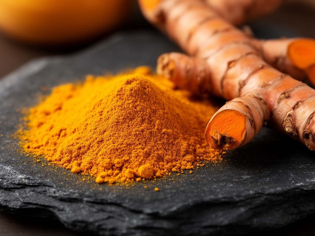 Zlatavý prášek kurkumy nasypán na tmavý kámen vedle čerstvého kořene kurkumy, warm lighting, makro detail