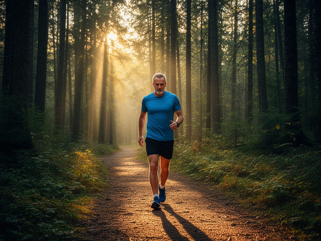 Muž středního věku kráčí po lesní stezce za úsvitu, sluneční paprsky pronikají hustým lesem, symbol aktivního životního stylu
