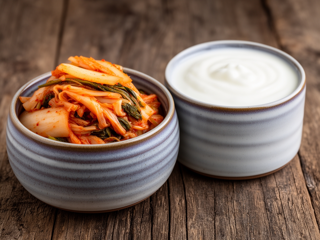 Makroskopický pohled na fermentované potraviny — kimchi a kefír v keramických miskách, přirozené osvětlení, rustikální dřevěný povrch